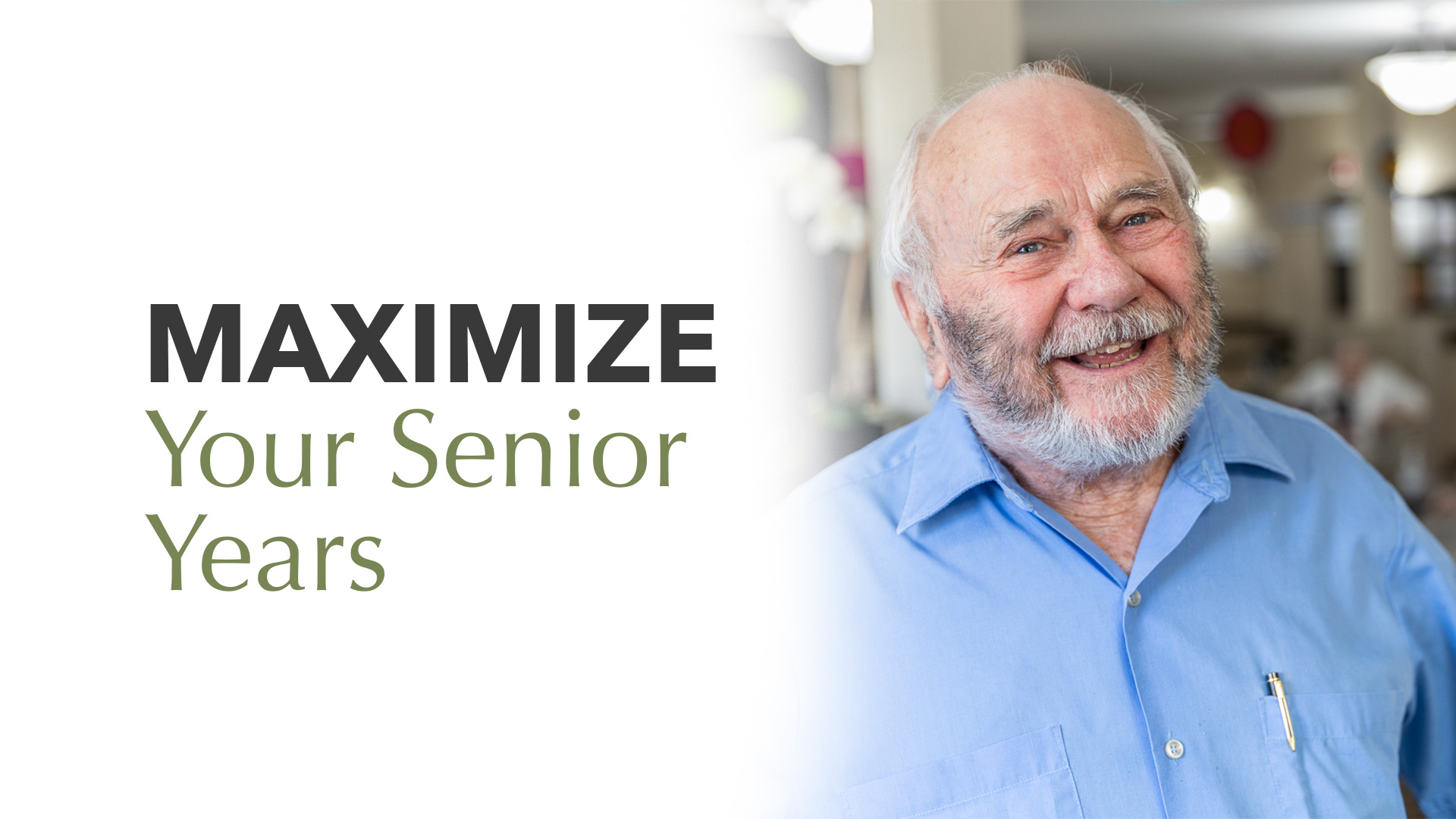 Header featuring a senior resident smiling. The text on the header reads, 