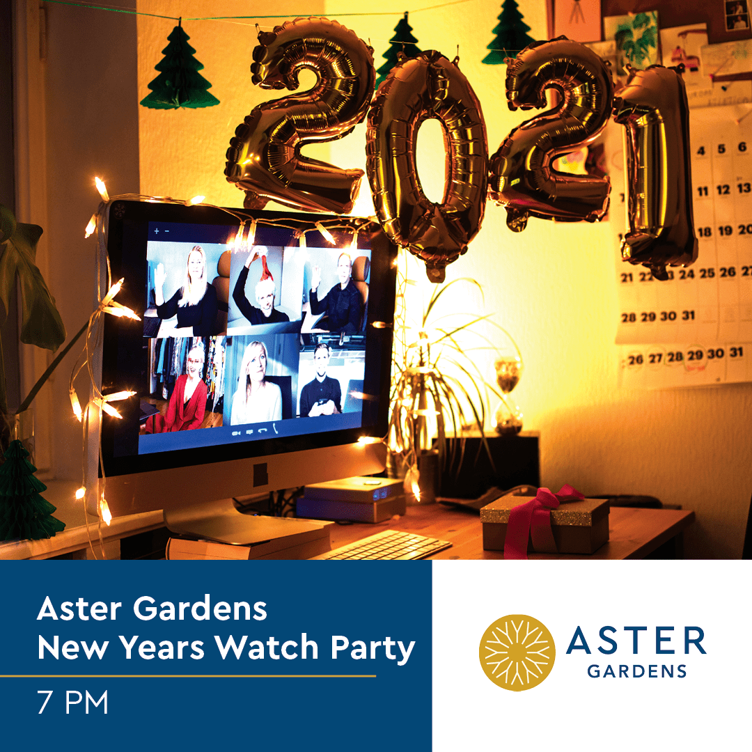 Aster Gardens senior living employees celebrating New Year's Eve on Zoom