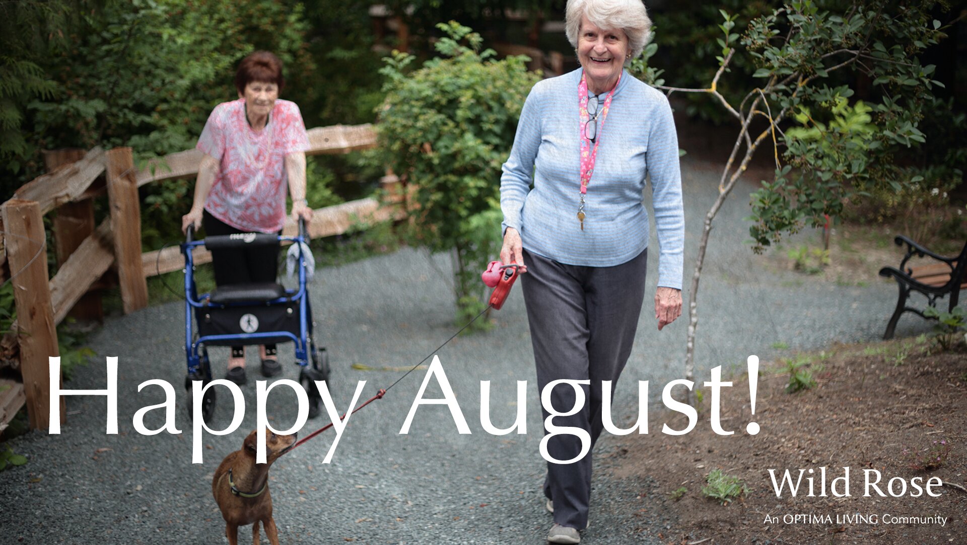 A picture of two elderly ladies while walking with a dog outside a senior living community