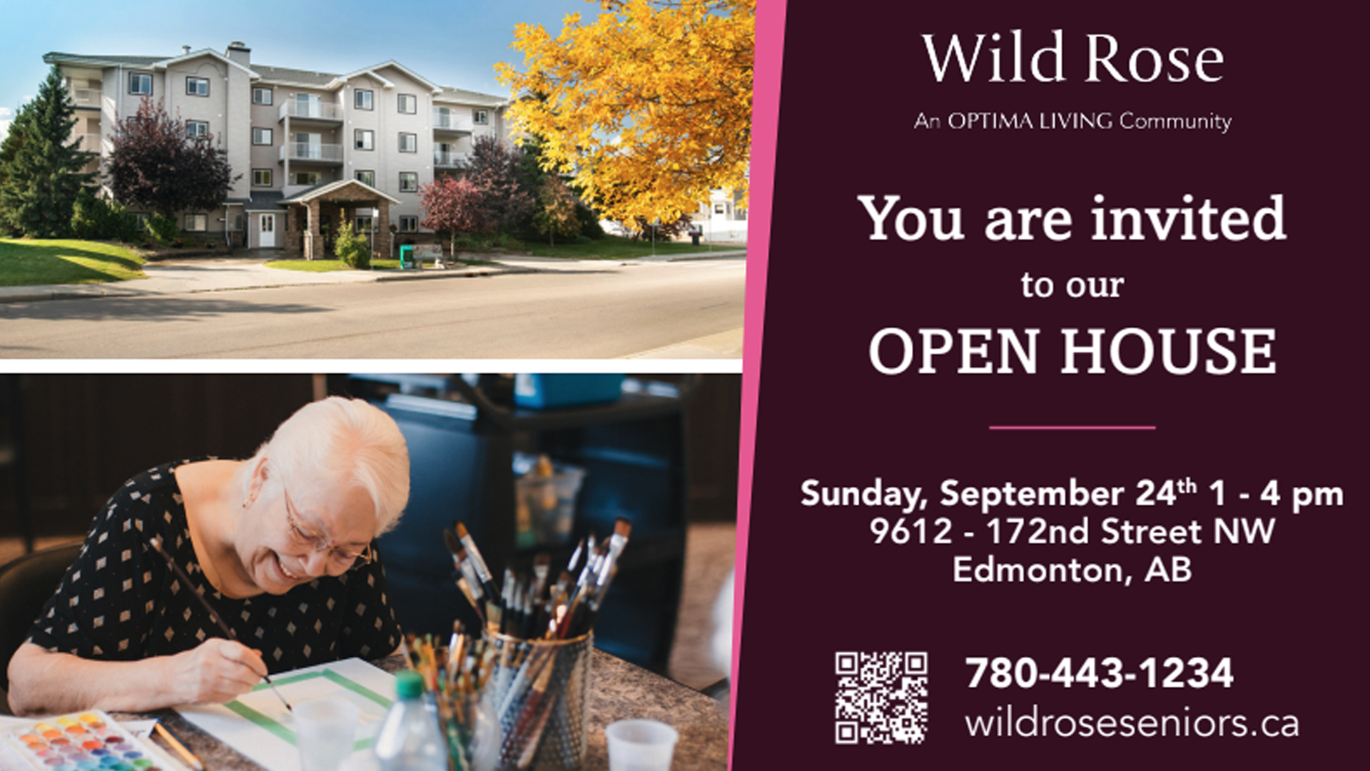 Open House feature for Wild Rose showing the building and invitation to join them on September 24th from 1-4 pm.