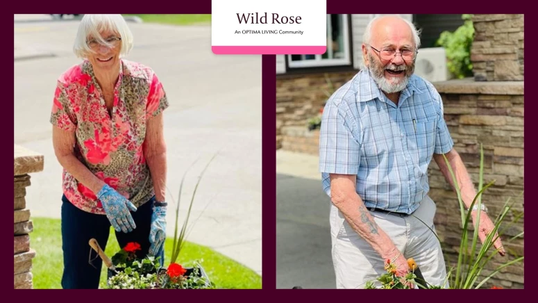 An elderly woman and a man gardening in their senior living community