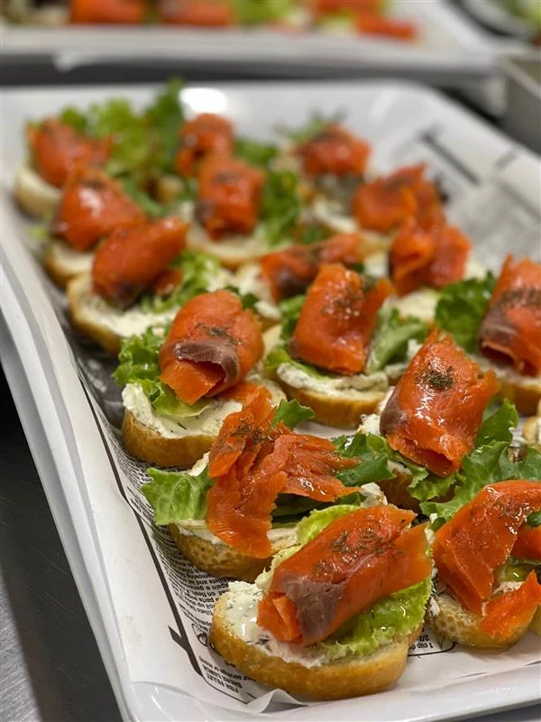 Deliciously crafted appetizers on a tray. Soft snacks for elderly.