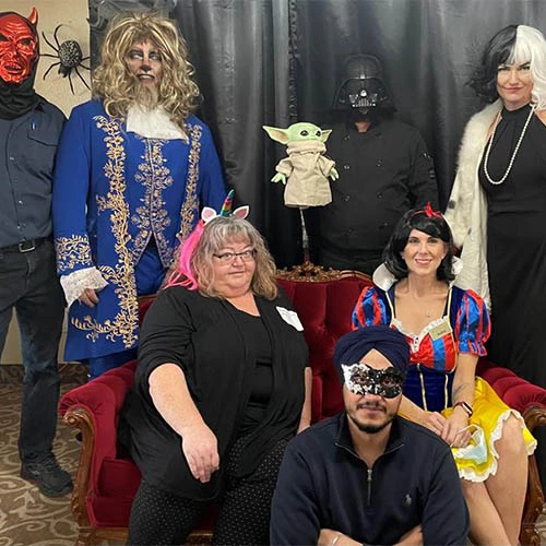 Wild Rose retirement home staff dressed in Halloween costumes. The staff were dressed up as the Beast from Beauty and the Beast, Snow White, a Unicorn, Darth Vader, and others!